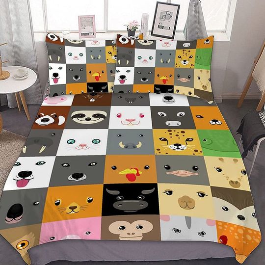 Discover Cute Animal Faces Comforter Set Queen Bedding Set  Shams All Season Microfiber Comforter with Pillowcase