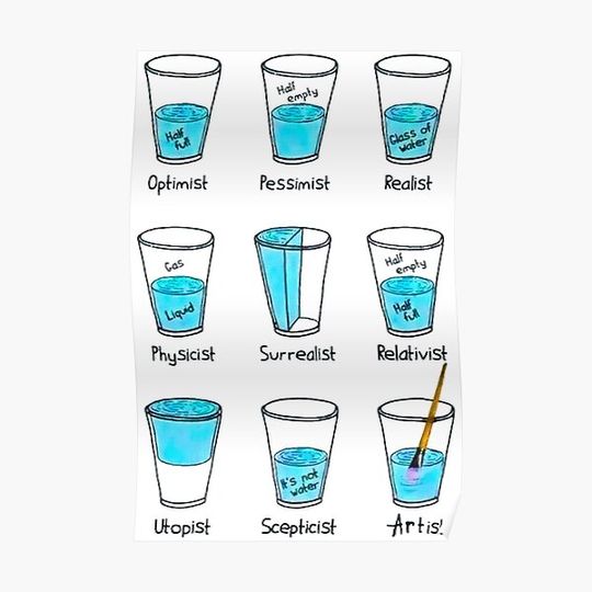 Discover GLASS OF WATER OPTIMIST PESSIMIST REALIST ETC / Cool and Funny designs Premium Matte Vertical Poster