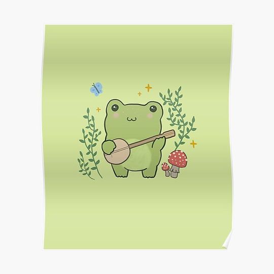 Discover Cute Kawaii Frog Playing Banjo - Toad Plant Fungi Blue Butterfly Premium Matte Vertical Poster