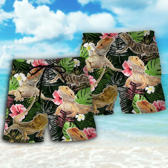 Discover Bearded Dragon Tropical Leaf Beach Short & Hawaiian Shirt