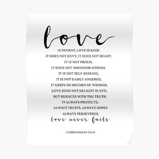 Discover Love Is Patient, Love Is Kind, 1 Corinthians 13:4-8. Bible Verse, Wedding Decor, Anniversary Gift Premium Matte Vertical Poster