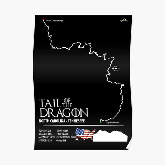 Discover Tail of the Dragon Road US 129 Motorcycle Sports Car Trail Map Art Print Premium Matte Vertical Poster