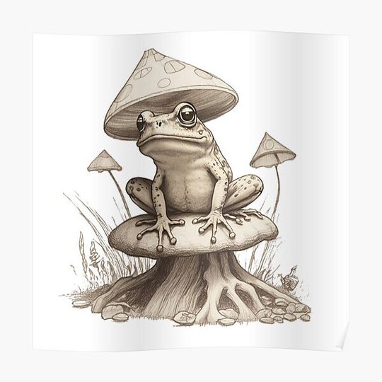 Discover Frog Sitting on Mushroom Pencil Drawing Premium Matte Vertical Poster
