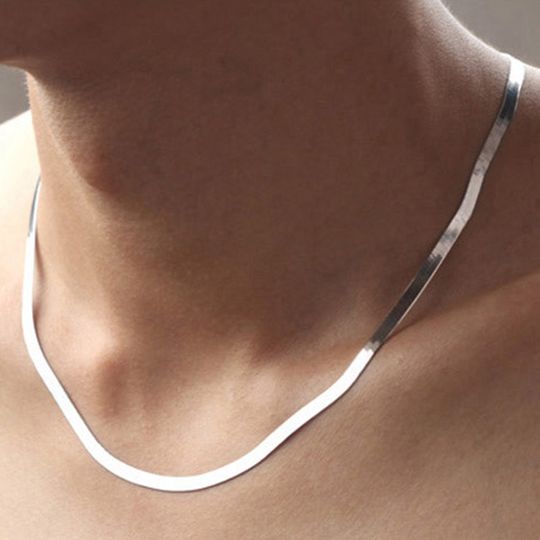 Discover 925 Silver White Gold Herringbone Flat Necklace 20"