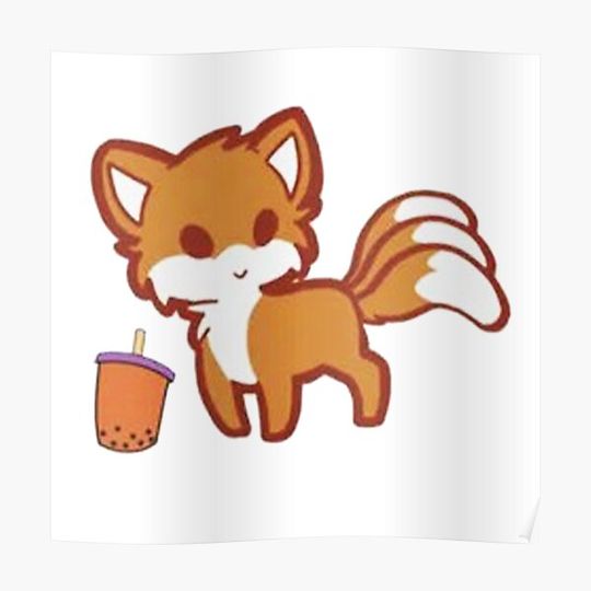 Discover Cute Fox Drinking Boba Tea Premium Matte Vertical Poster