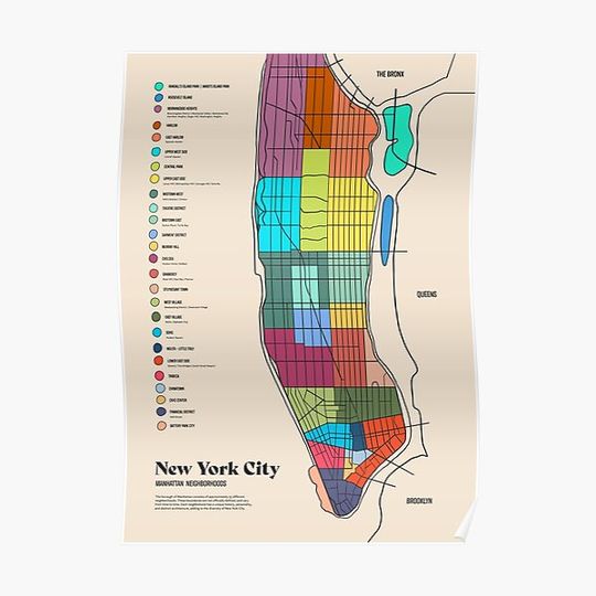 Discover NYC Manhattan Neighborhood, Colored Map Illustration Premium Matte Vertical Poster