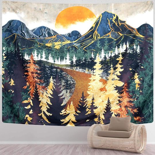 Discover Sunset Mountain Road Tapestry, Forest Sun View Tapestry
