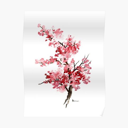 Discover Cherry blossom branch art print watercolor painting, sakura artwork Premium Matte Vertical Poster