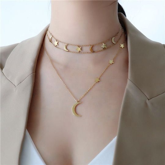 Discover Moon And Star Choker Necklace Set, Gold Crescent Celestial Set