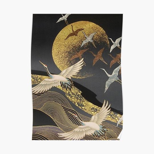 Discover Japanese Cranes flight to golden moon Premium Matte Vertical Poster