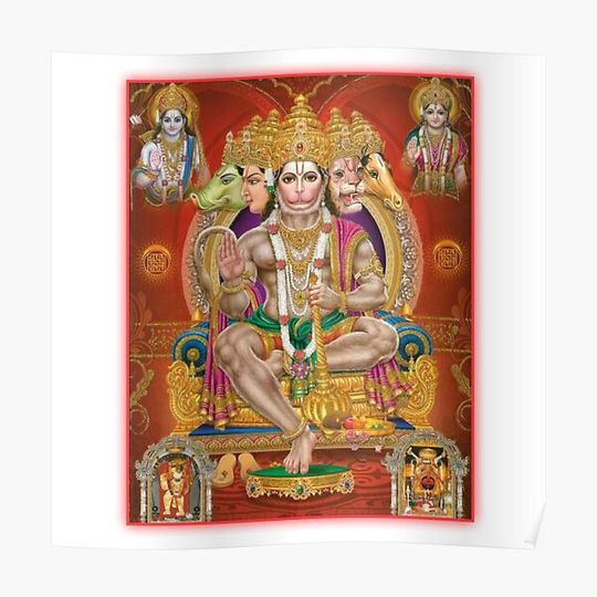 Discover Beautiful image of Panchmukhi Hanuman ji with the blessing of our almighty Lord Rama and Goddess Sita mata , Premium Matte Vertical Poster