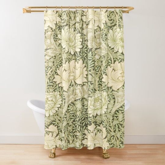 Discover William Morris Vintage Green and White Chrysanthemum Floral Pattern Shower Curtain