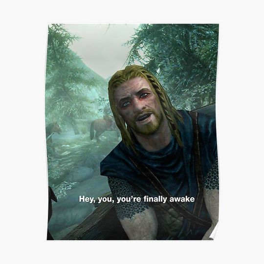 Discover Hey You You're Finally Awake - Skyrim Meme Premium Matte Vertical Poster