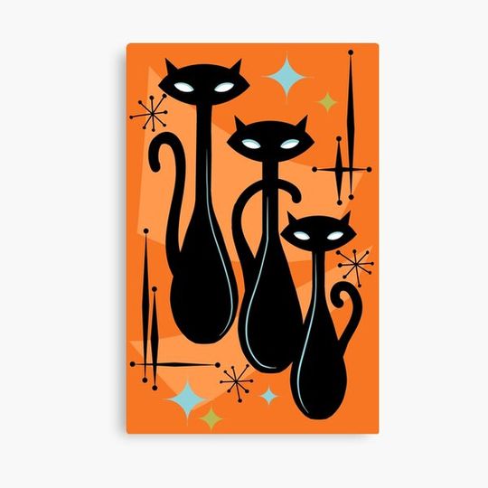 Discover Effervescent Orange Atomic Age Black Kitschy Cat Trio Canvas