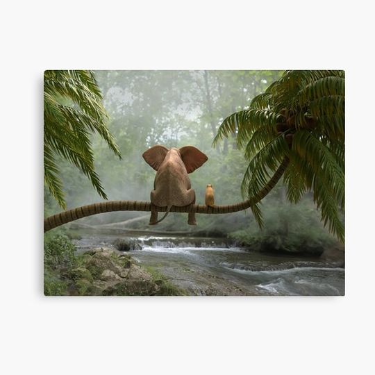 Discover elephant and dog sit on a palm tree in tropical forest Canvas