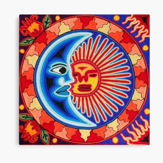 Discover Mexican Sun Crescent Moon Colorful Huichol | Mexican Blanket Design | Large Cozy King Size | Vintage Folk Art - Canvas