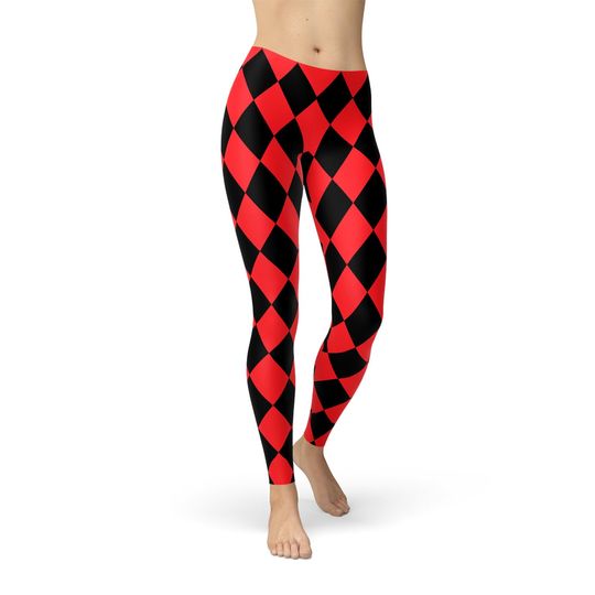 Discover Jester Leggings For Women - Inspired Harley Quinn Leggings Red and Black Diamond Pattern