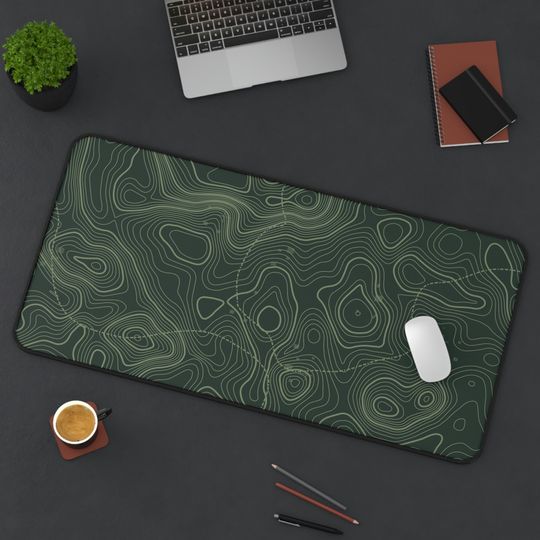 Discover Dark Green, Light Green Colored Minimalist Topographic Animation Gaming Desk Mat