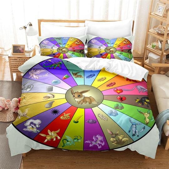 Discover 3D Cartoon PKM Eevee Duvet Cover Sets,Soft Breathable Pattern Bedding Sets