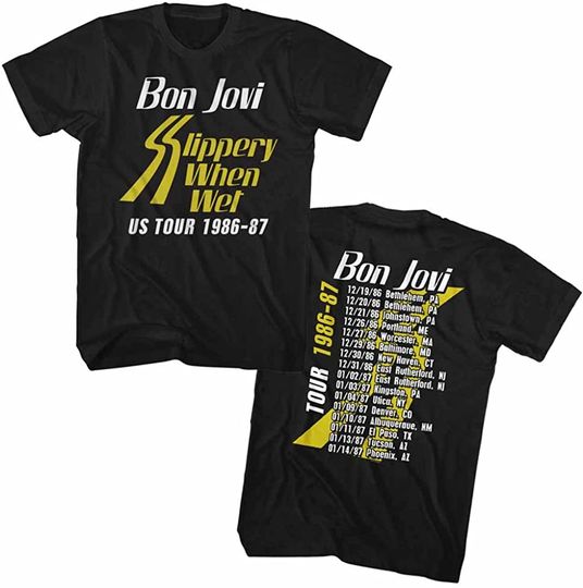 Discover Bon Jovi T-Shirt Slippery When Wet Tour Front and Back Black Tee