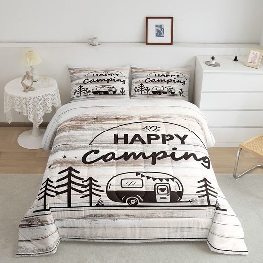 Discover Happy Camper comforter Set Cozy Camping Adventure Bedding with Nature inspired