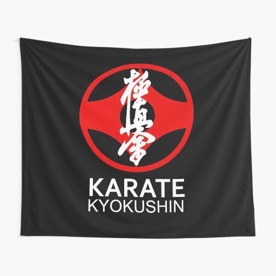 Discover Kyokushin Karate Symbol and Kanji White Text Tapestry