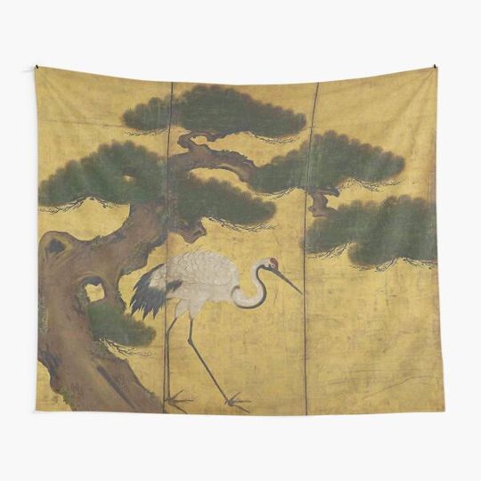 Discover Japanese Red Crowned Crane Edo Jidai Gold Leaf Folding Screen Tapestry