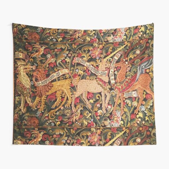 Discover UNICORN;DRAGON,LION,STAG AND OTHER ANIMALS Floral Medieval Tapestry Tapestry