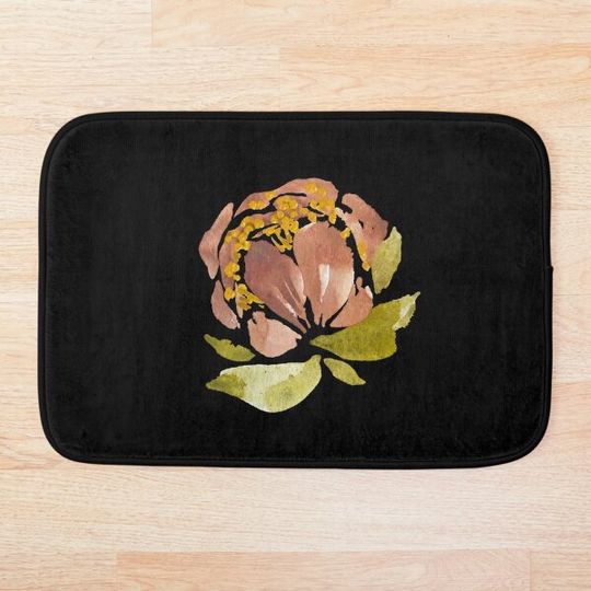 Discover Peony pink pastel flower green leaf watercolor black Bath Mat