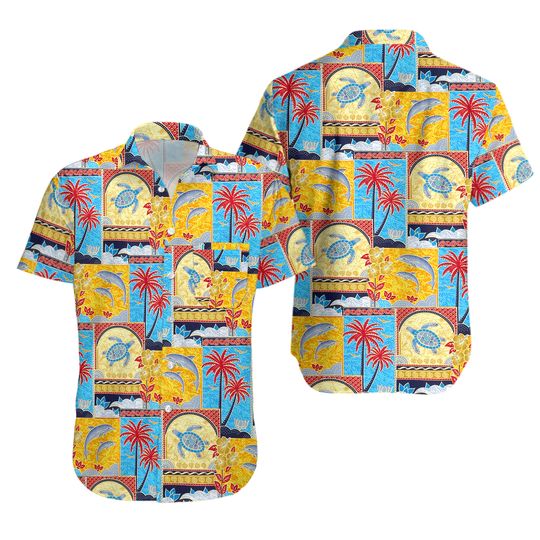 Discover Orange Tropical Printed Aloha Swim Hawaiian Beach Camp Shirt