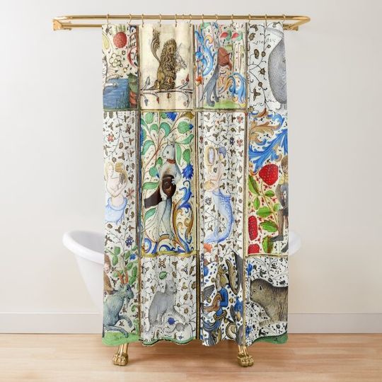 Discover WEIRD MEDIEVAL BESTIARY PLAYING MUSICAL INSTRUMENTS AMONG FLOWERS AND FRUITS Shower Curtain