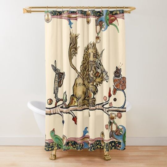 Discover WEIRD MEDIEVAL BESTIARY MAKING MUSIC Violinist Lion,Hare And Snail Cat Shower Curtain