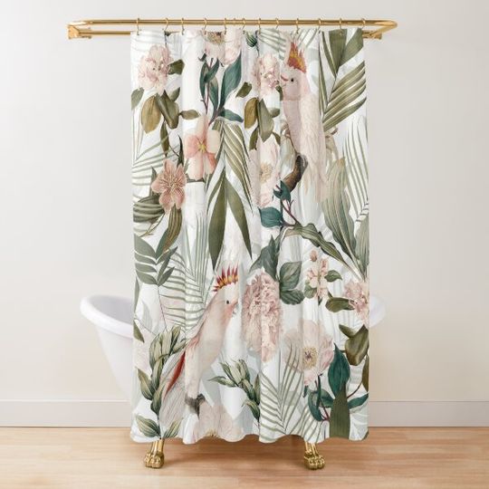 Discover Tropical cockatoo and jungle pattern - white Shower Curtain