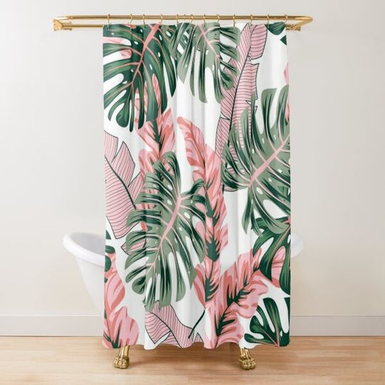 Discover Pink and green tropical leaves Shower Curtain