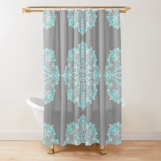 Discover Teal and Aqua Lace Mandala on Grey Shower Curtain