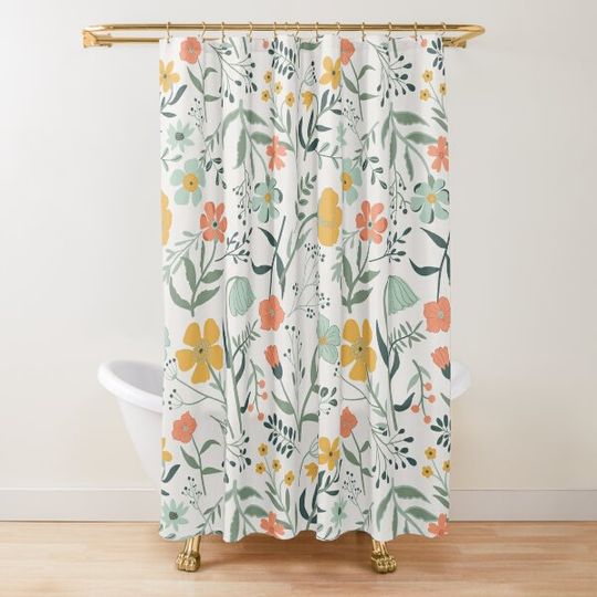 Discover Coral, Mustard, & Blue Botanical Garden Floral Print Shower Curtain