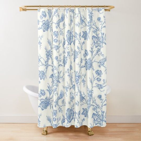 Discover Blue Bird Toile Shower Curtain