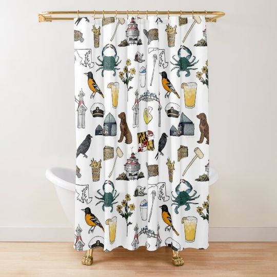 Discover Maryland Pattern - White Shower Curtain