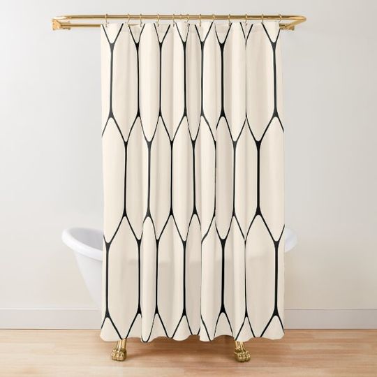 Discover Long Honeycomb Minimalist Geometric Pattern in Black and Almond Cream Shower Curtain