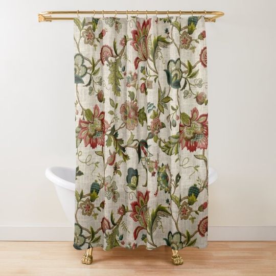 Discover Red Green Jacobean Floral Embroidery Pattern Shower Curtain