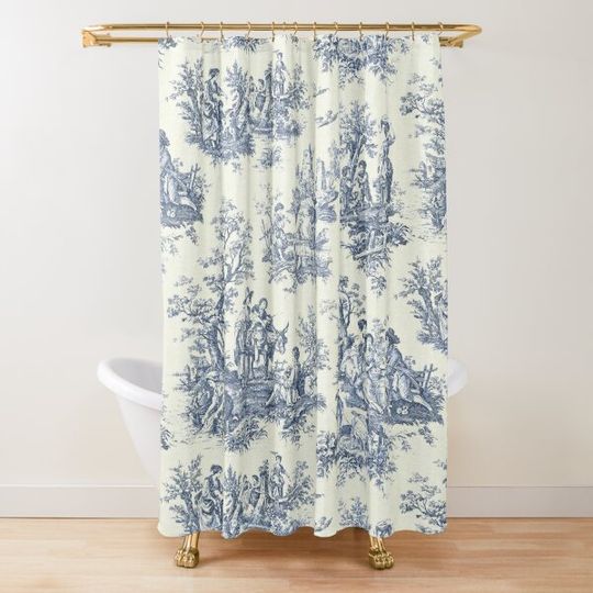 Discover Powder Blue French Toile Picnic Designs Shower Curtain