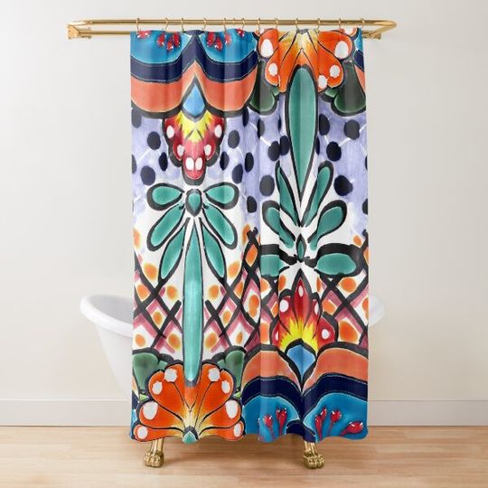 Discover Colorful Talavera, Orange Accent, Mexican Tile Design Shower Curtain