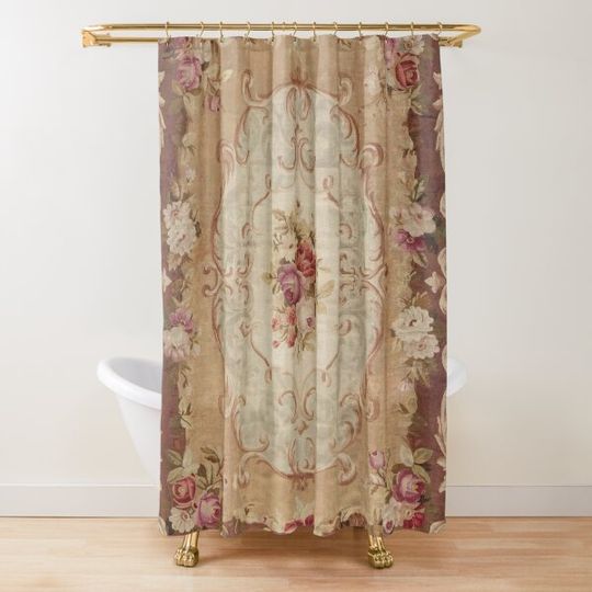 Discover Antique Rose Floral French Aubusson Rug Print Shower Curtain