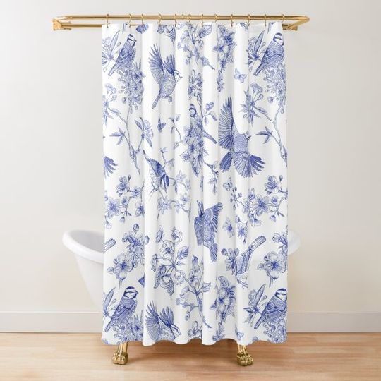 Discover Vintage Blue Toile Birds French Country Pattern Shower Curtain