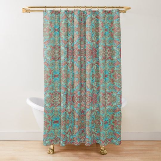 Discover Birds Arabesque, Bohemian Pattern, Red Green Turquoise Shower Curtain