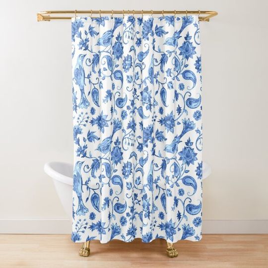 Discover Blue Paisley Pattern with Birds Shower Curtain