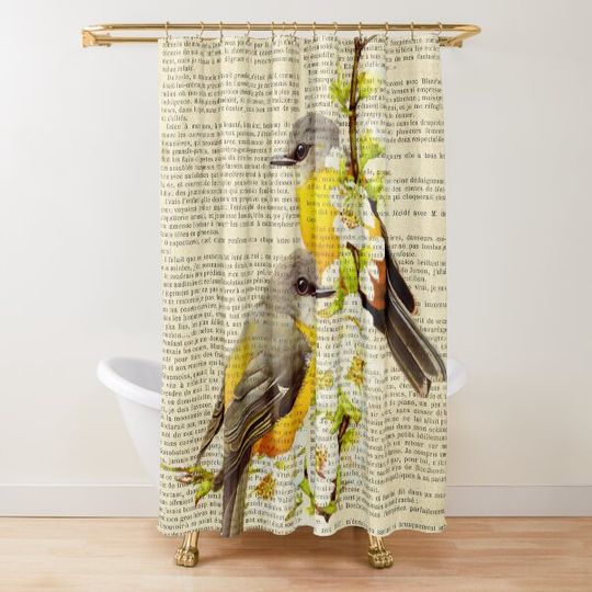 Discover botanical print on old book page - spring birds Shower Curtain