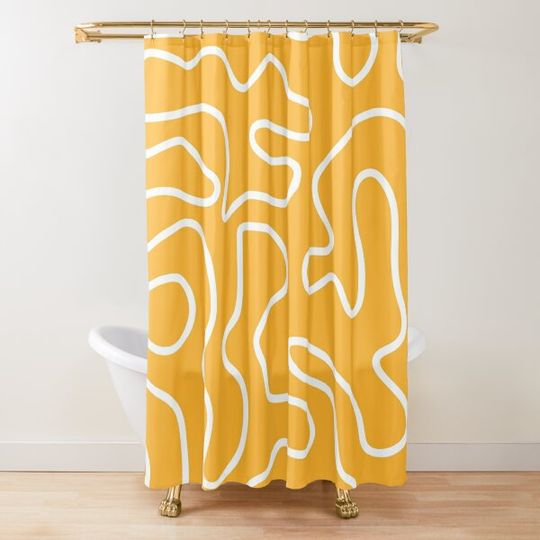 Discover Squiggle Maze Minimalist Abstract Pattern Mustard Yellow and White Shower Curtain