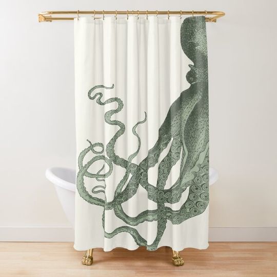 Discover Half Octopus | Left Side | Vintage Octopus | Tentacles | Sea Creatures | Nautical | Ocean | Sea | Beach | Diptych | Sage Green Shower Curtain