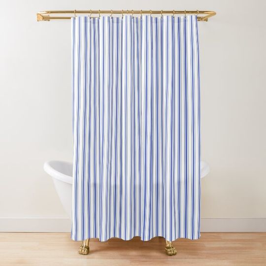 Discover Small Vertical Cobalt Blue and White French Mattress Ticking Stripes Shower Curtain